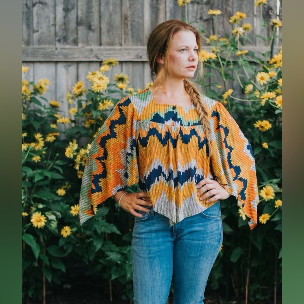 Vintage multicolour bell-sleeve shirt, size M